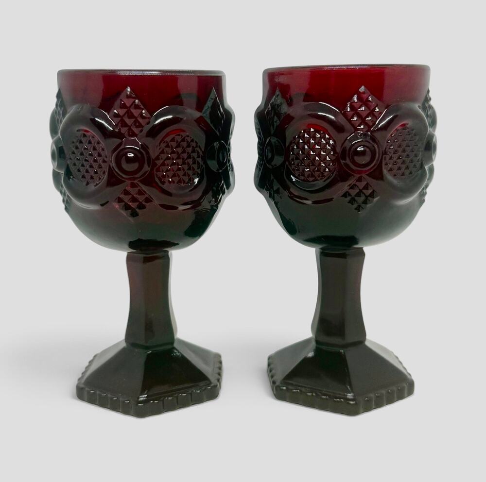 Vintage Avon 1876 Cape Cod Ruby Red Collection 4 1/2” Wine Glasses - A Pair